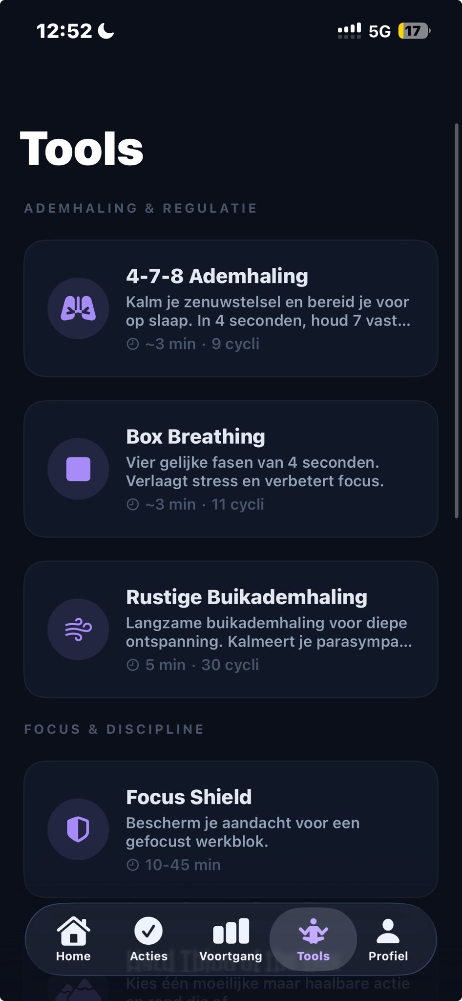 1ProcentBeter tools scherm met ademhaling en focus oefeningen